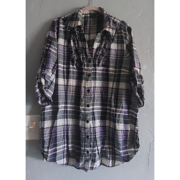 Feathers Tops  Shirts Women's 3X, Plaid, 3/4 Sleeve, Button Down,22 Inch Of Armp - Picture 1 of 8